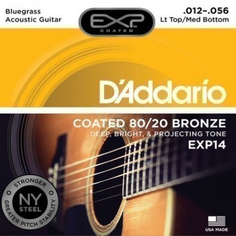 D'Addario EXP14 Light Top/Medium Bottom Bluegrass Coated 80/20 Bronze Acoustic Guitar Strings (6-String Set, 12 - 56)